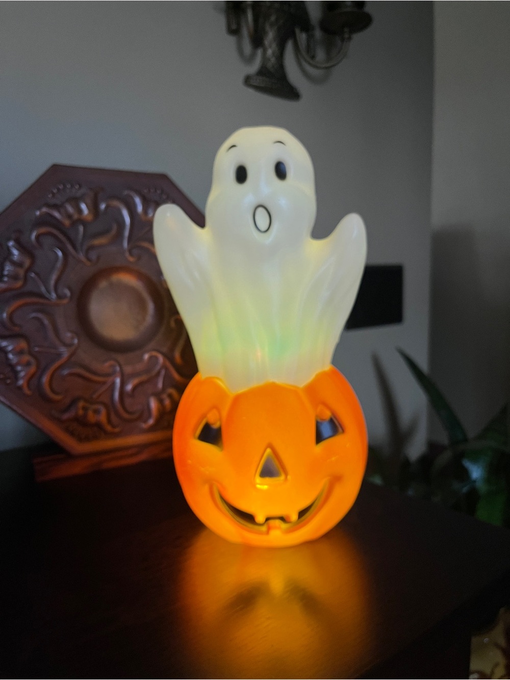 Vintage Style Halloween Light Up Ghost & Pumpkin Blow Mold Table Top Shelf